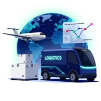 AI-optimized global logistics and real-time tracking system for international sexdoll delivery, featuring a truck, airplane, and digital globe