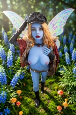 celebrity sex doll fantasy elf character wearing aviator goggles with rainbow wings standing in sunlit forest cinematic portrait