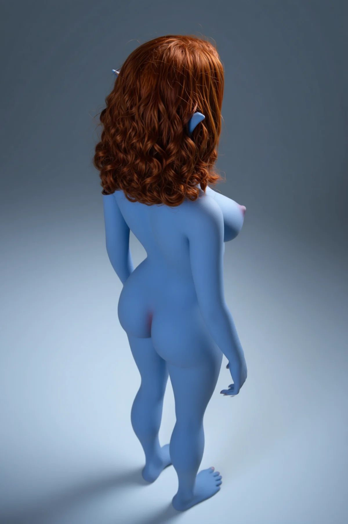 celebrity sex doll blue elf character back view standing pose with smooth gradient background artistic studio portrait