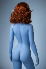 celebrity sex doll blue elf character rear elevated view standing pose with gradient studio background artistic portrait
