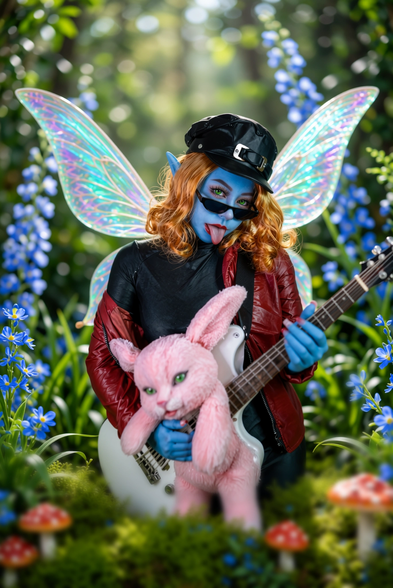 celebrity sex doll fantasy elf rock character holding electric guitar with wings and plush toy in enchanted forest scene