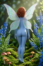 fantasy elf character back view standing in enchanted forest with large iridescent wings and blue flowers cinematic nature portrait