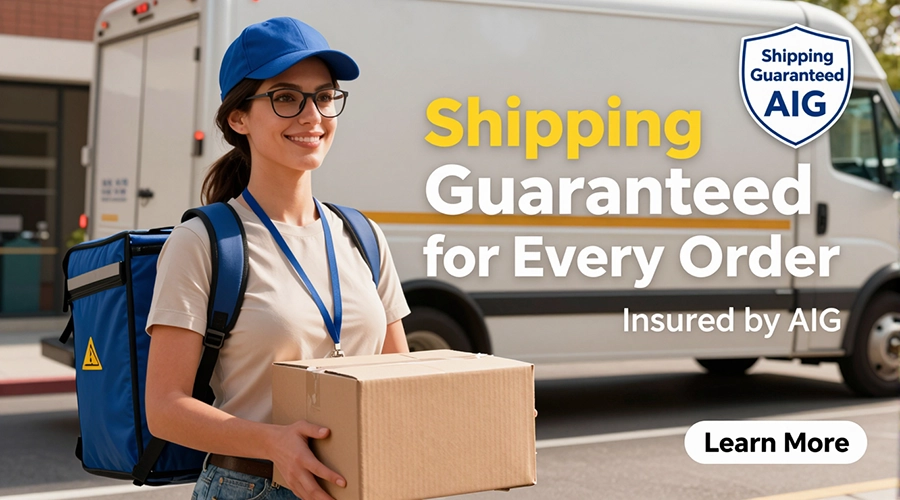 smiling female courier holding parcel showing insured shipping guaranteed delivery service
