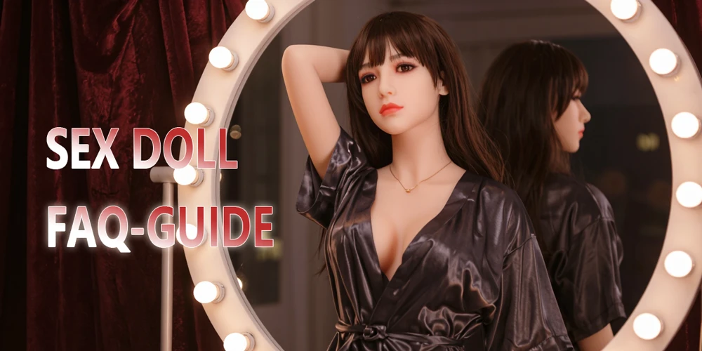 Real doll in black robe standing before mirror with SEX DOLL FAQ GUIDE text