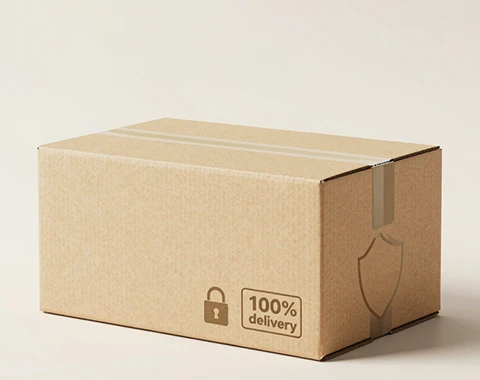 Secure brown shipping box with lock and shield logo stamped “100% DELIVERY” for guaranteed delivery of realistic sex dolls