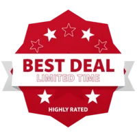 Red promotional badge with stars reading “BEST DEAL LIMITED TIME” and “HIGHLY RATED” for silicone love dolls
