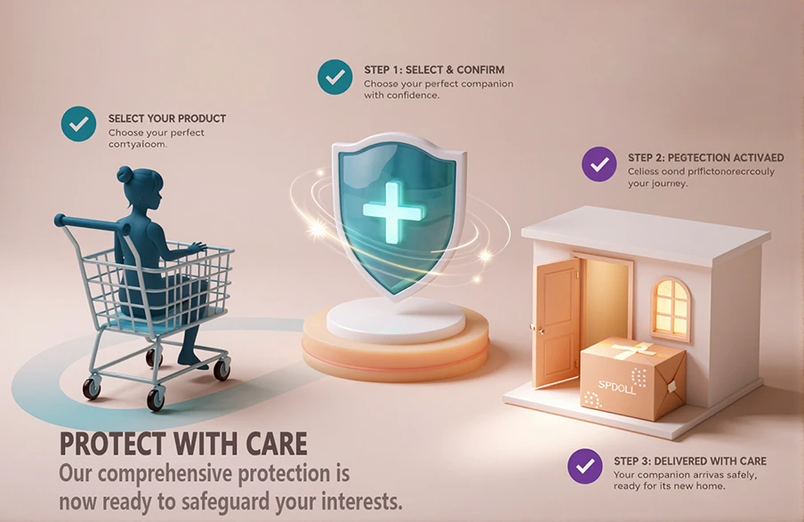 Three-step product protection and global delivery process infographic showing selection, protection activation, and safe delivery with SPDOLL branding