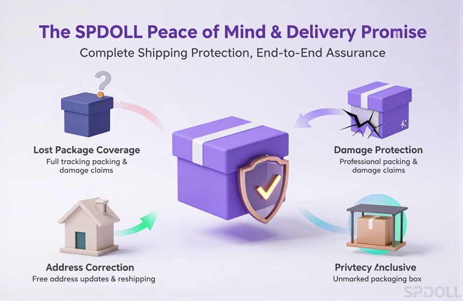 spdoll shipping protection infographic showing package security coverage including loss protection, damage protection, privacy packaging, and address correction services