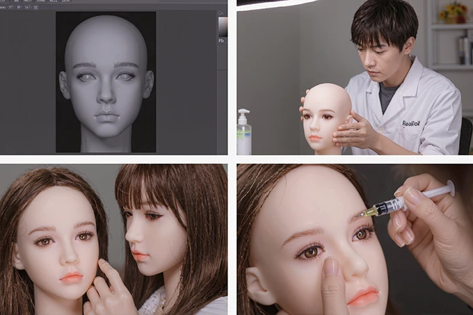 Spdoll silicone doll head production process showing 3D modeling, master mold support, wig rooting, and hand-painted eye details with artisan craftsmanship