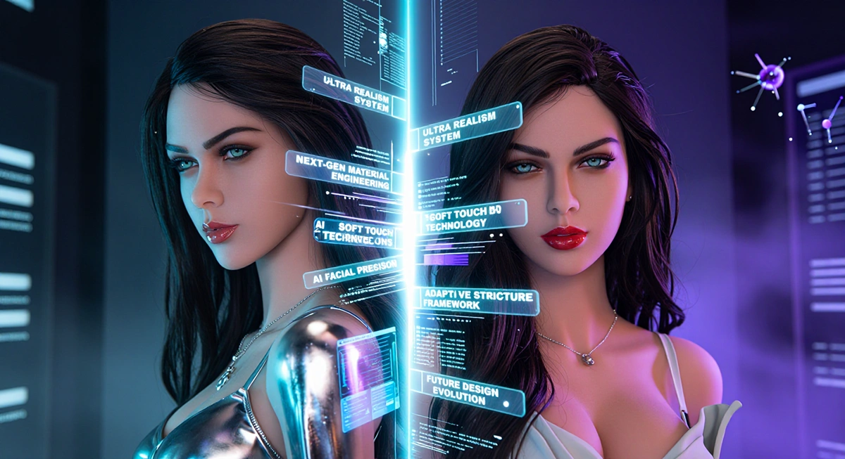 asiansex doll twin portrait with futuristic neon interface and cyberpunk blue lighting