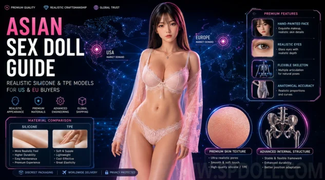 asiansex doll promotional poster with silicone and TPE feature infographic design