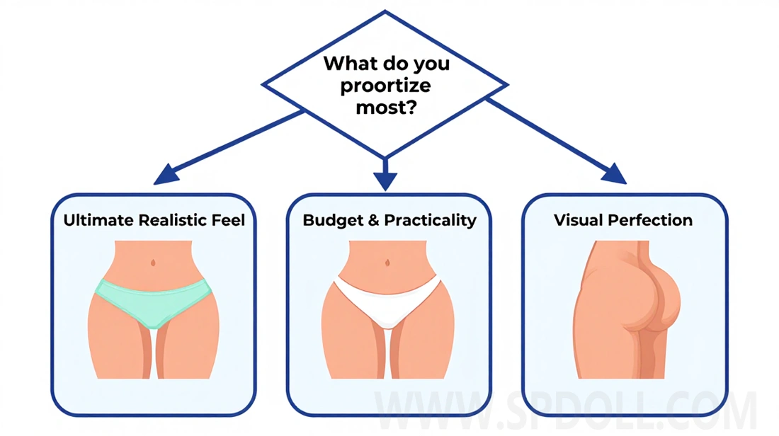 big booty sex doll comparison infographic with decision chart and body shape illustration on white background