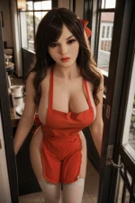 life size sex dolls doorway portrait with red apron and soft natural window lighting