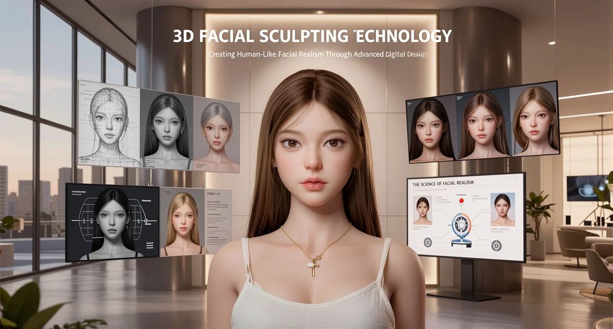 Asian Sex Doll facial sculpting showcase featuring 3D modeling, expression design, and realism engineering