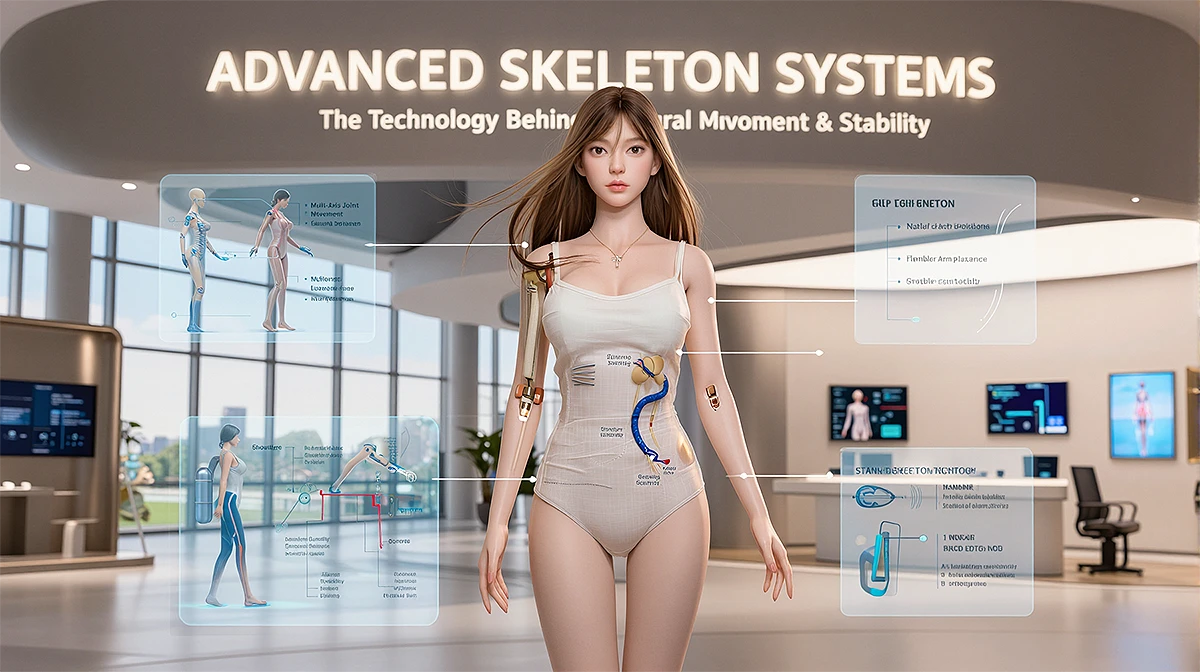 Asian Sex Doll skeleton system showcase featuring biomechanics visualization and advanced movement engineering