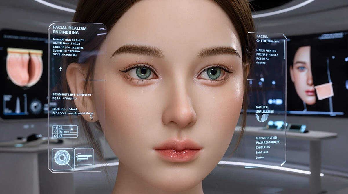 Asian Sex Doll facial realism showcase with biometric mapping and advanced skin engineering displays