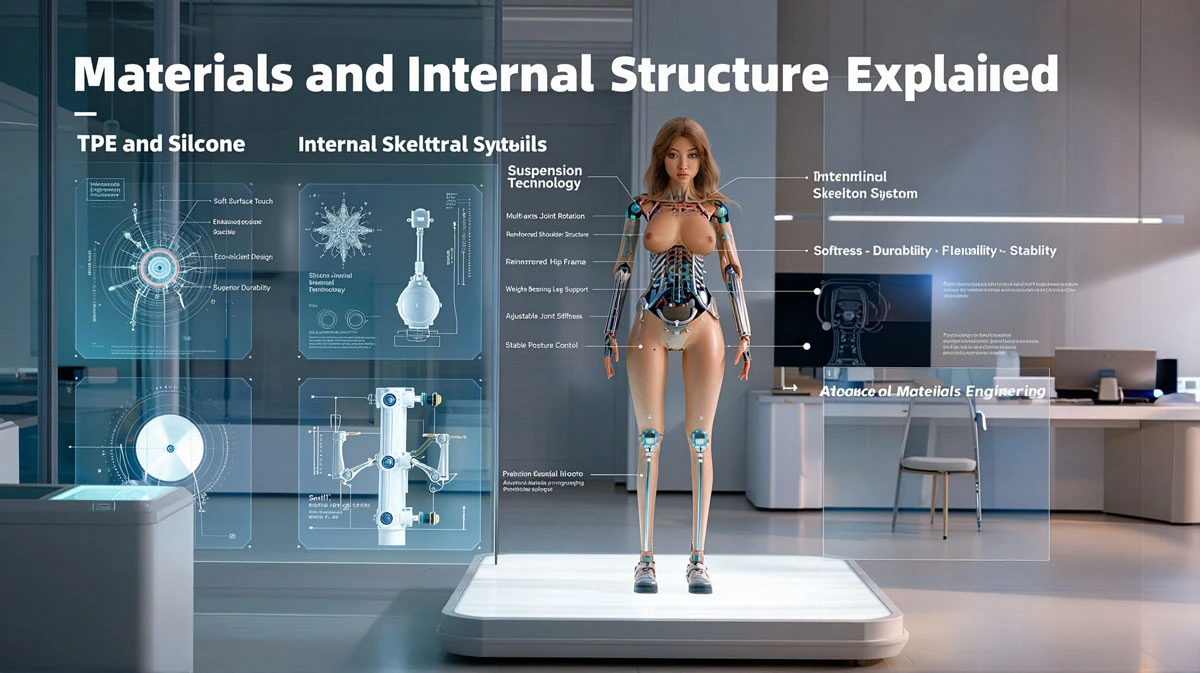 Asian Sex Doll materials engineering display featuring TPE silicone technology and skeletal framework analysis