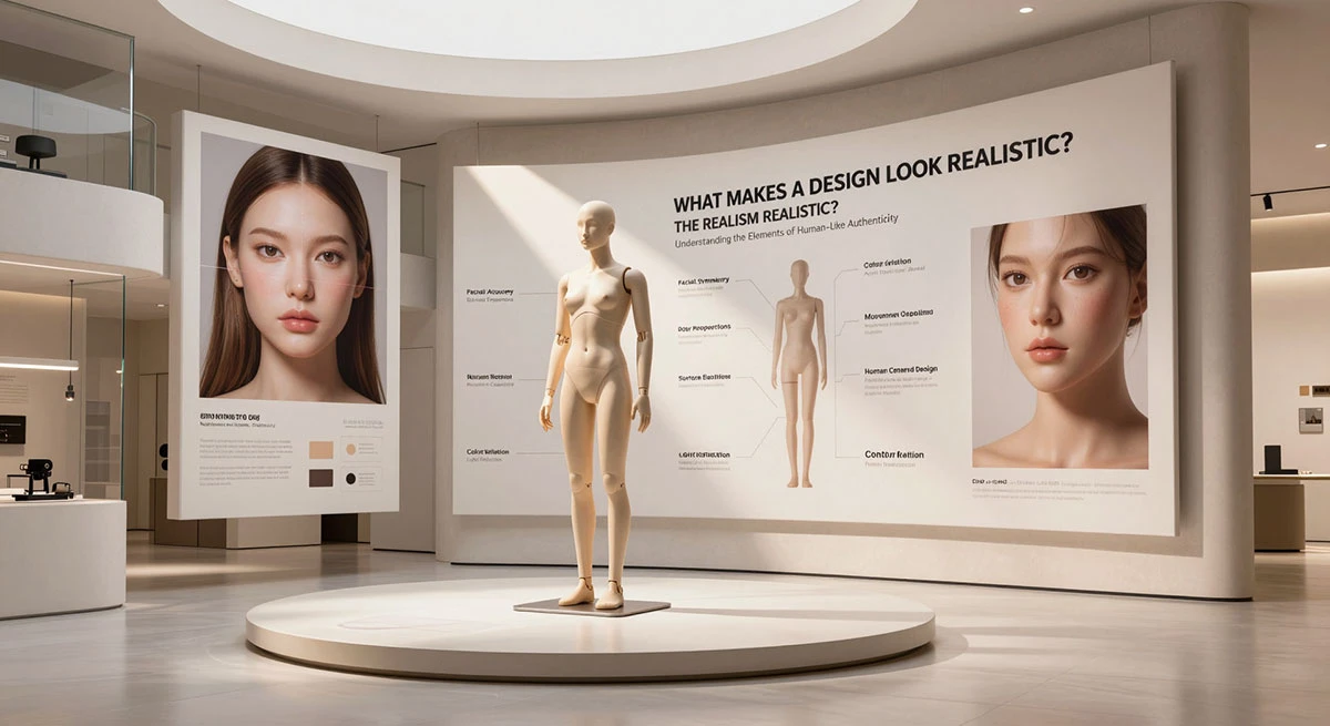Asian Sex Doll realism exhibition displayed in a luxury design museum with authenticity analysis panels