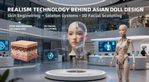 Asian Sex Doll realism technology showcase featuring skin engineering, facial sculpting, and skeleton systems