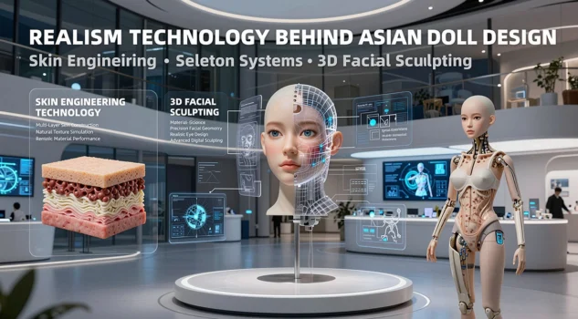 Asian Sex Doll realism technology showcase featuring skin engineering, facial sculpting, and skeleton systems