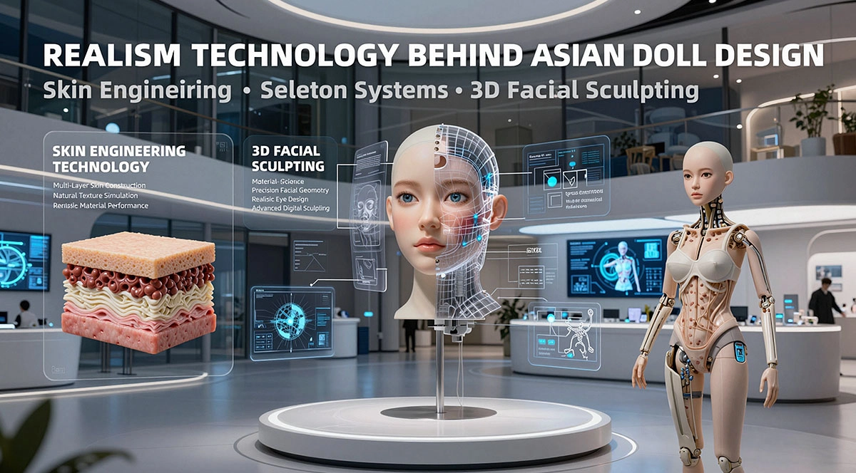 Asian Sex Doll realism technology showcase featuring skin engineering, facial sculpting, and skeleton systems