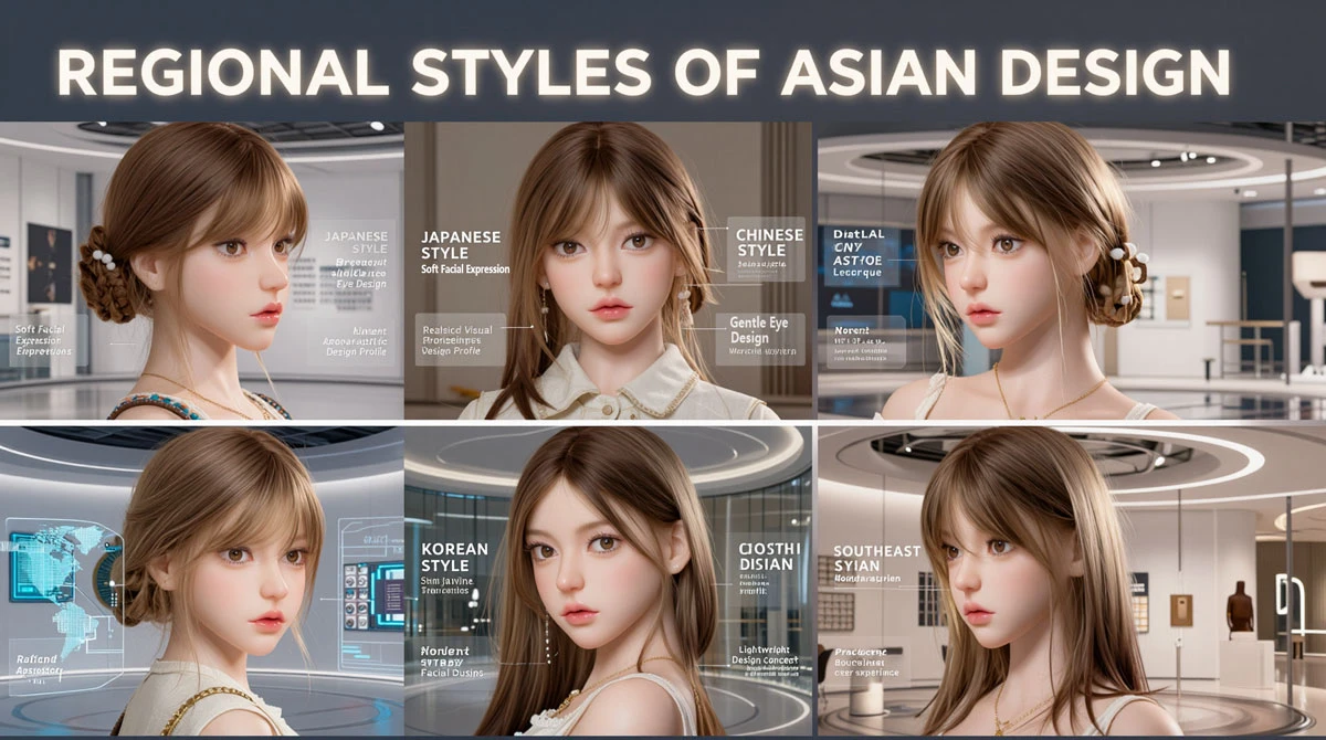 Asian Sex Doll regional style comparison featuring Japanese, Chinese, Korean, and Southeast Asian aesthetics