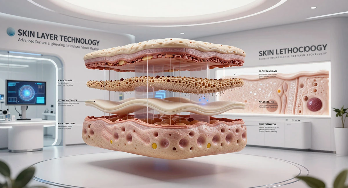 Asian Sex Doll skin layer technology visualization featuring advanced surface engineering and material structure analysis