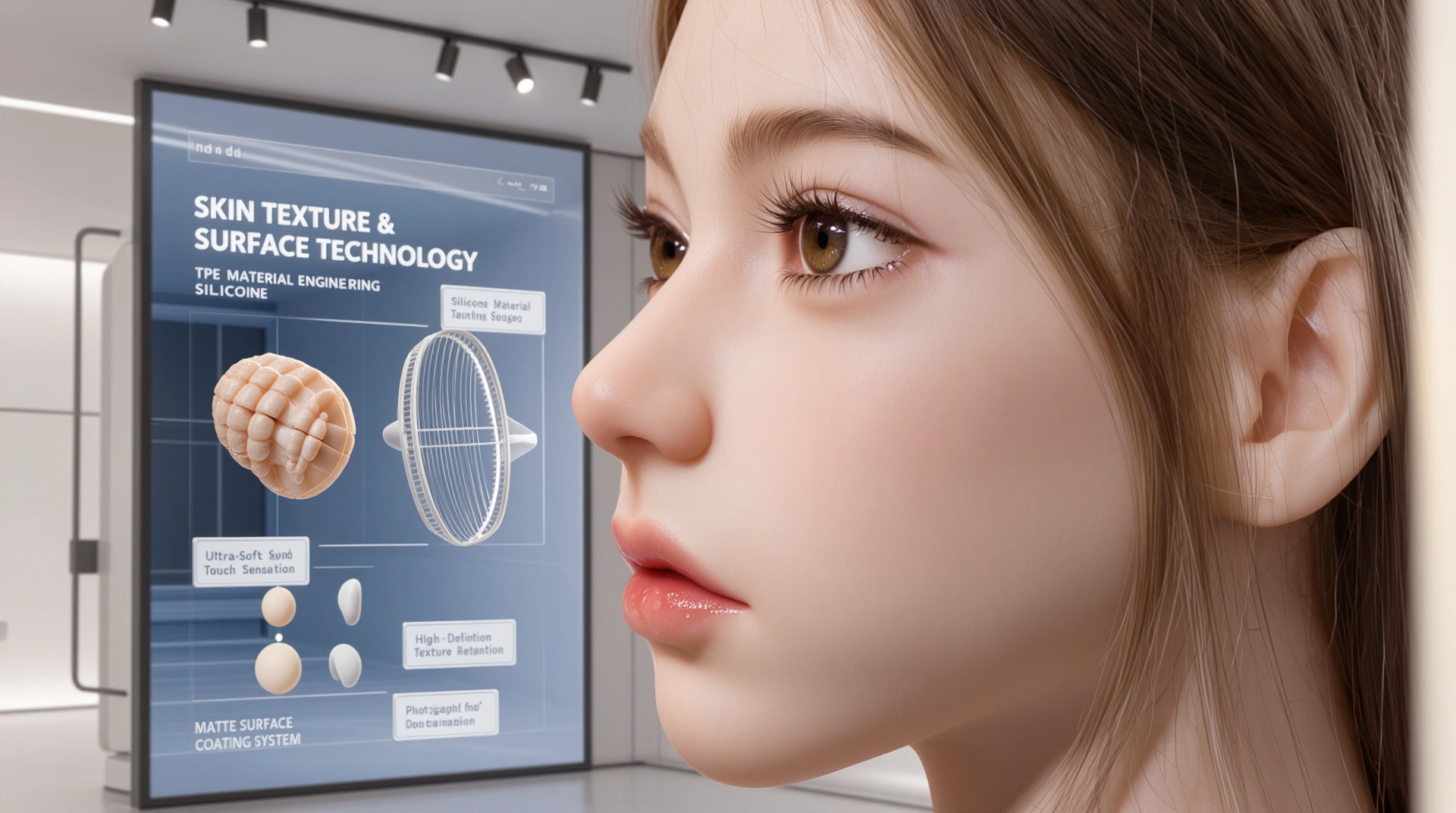 Asian Sex Doll material technology display featuring skin texture analysis and TPE silicone comparison