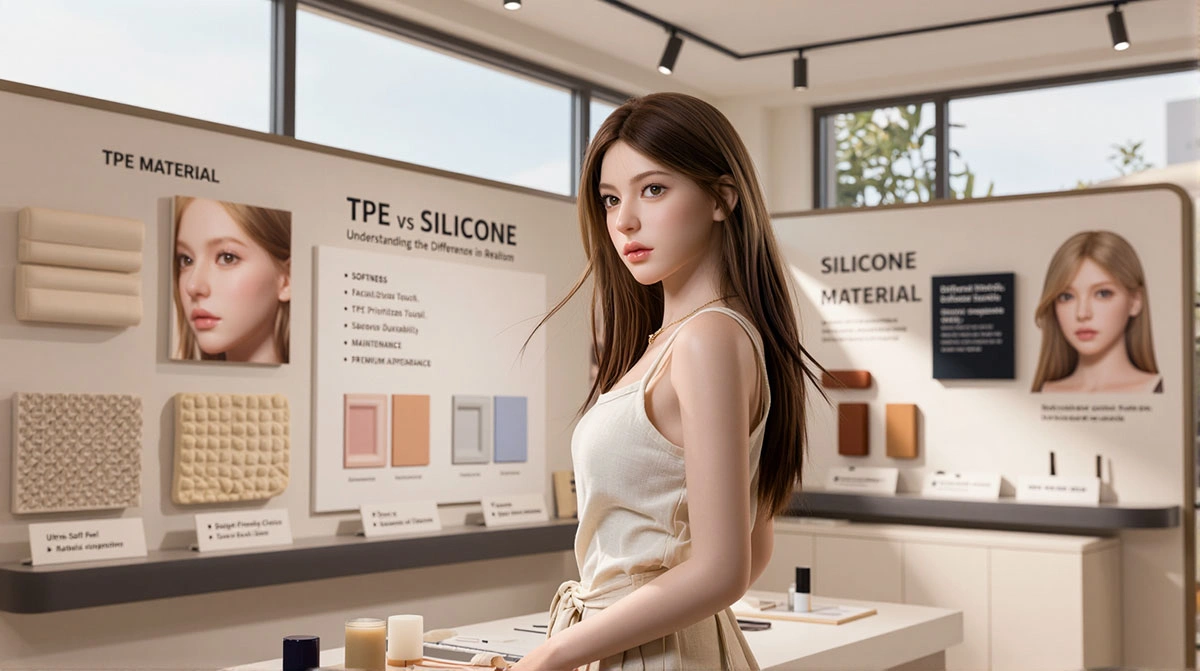 Asian Sex Doll material comparison showroom featuring TPE and silicone realism display with Diaochan