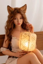 futanari sex doll with fox ears holding lantern while seated on wooden bench indoors
