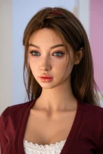 nami sex doll close-up portrait with blue green eyes and brown hair in soft pastel setting