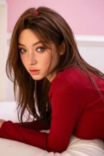 nami sex doll with brown hair resting on a white bed in a soft pink bedroom setting