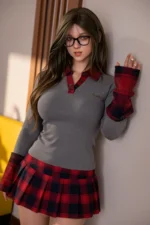 sex doll bbw wearing glasses, knit polo sweater, plaid skirt, and standing in a warm modern bedroom setting