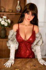 adult sex dolls elegant red sequin dress table portrait indoor warm lighting centered composition studio style scene