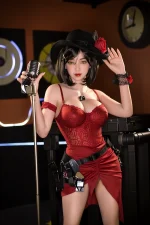 best sex doll cinematic stage portrait red outfit microphone retro lighting neon decor indoor composition