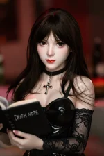 big boobs sex doll holding Death Note book gothic outfit cross necklace red background portrait