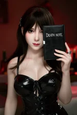 big boobs sex doll holding black notebook covering face warm red indoor portrait gothic style