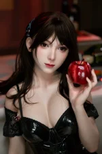 big boobs sex doll holding red apple in dark outfit with soft warm indoor close-up portrait