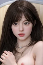 full body sex doll soft close-up portrait with brown hair gentle expression indoor warm lighting aesthetic beauty shot