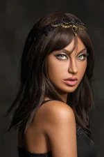 full body sex doll studio portrait dark background elegant headpiece soft lighting close focus composition