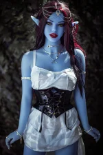 full size sex dolls fantasy elf character with blue skin red black hair and intense gaze in dark forest lighting
