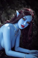 full size sex dolls fantasy elf character in kneeling pose with blue skin red hair and mystical forest lighting