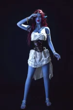 fantasy elf style full size sex dolls character with blue skin red hair and elegant jewelry standing against dark background