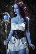 fantasy elf themed full size sex dolls character holding magical staff with glowing orb in dark forest environment