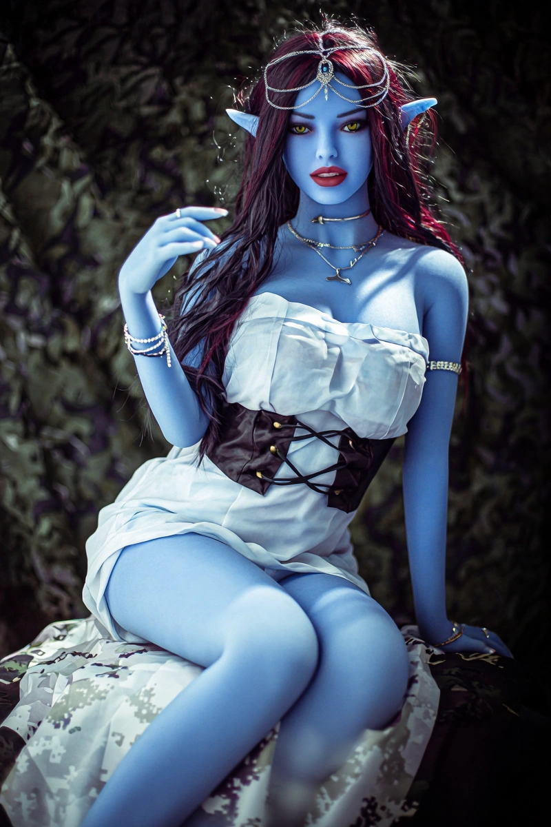 fantasy elf styled full size sex dolls character with blue skin red hair and detailed outfit in forest setting