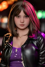 hyper realistic sex doll neon city portrait black leather jacket purple fashion nightlife scene
