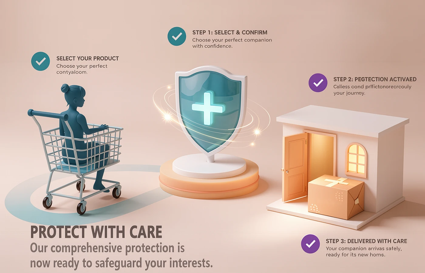 Life Size Sex Dolls protection plan illustration showing secure purchase process, order coverage, and customer care benefits
