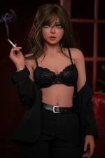 most realistic sex dolls red leather sofa portrait cinematic indoor lighting dark editorial composition