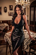 real sex doll elegant restaurant portrait warm lighting cinematic indoor dining atmosphere