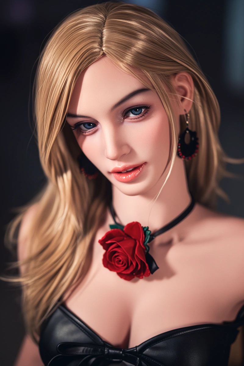 real sex dolls cinematic portrait dark background red rose accessory studio lighting fashion editorial composition